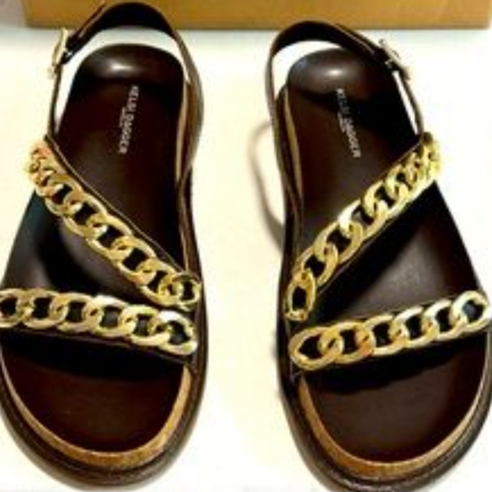 Kelsi Dagger Brooklyn Buffalo Sandals Women’s 8.5M Brown Gold Chain NIB